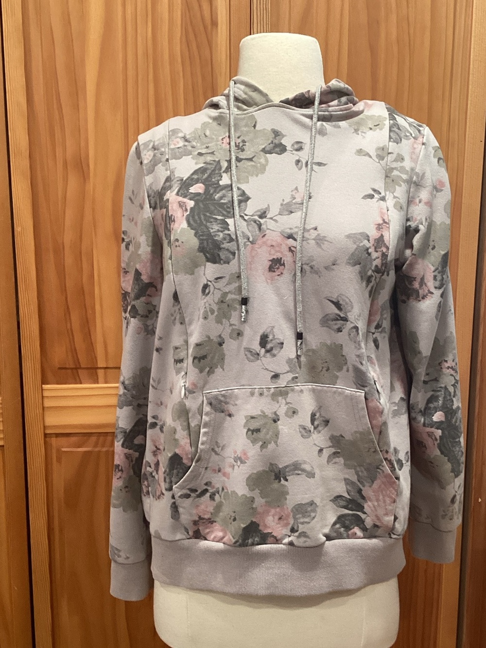 Floral Hooded Pullover Nursing Sweater - Gray with Pink Floral